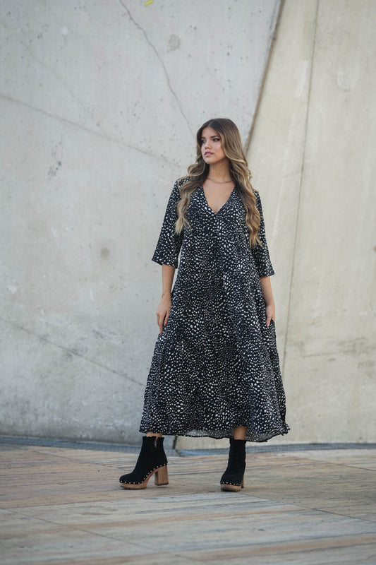 Vestido comprido com estampado bolas